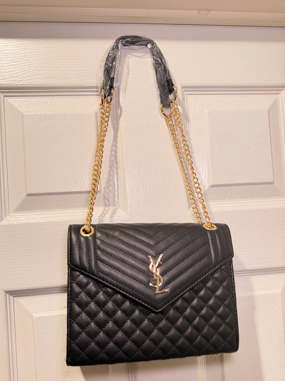 Black Quilted Shoulder Bag with Gold Hardware
